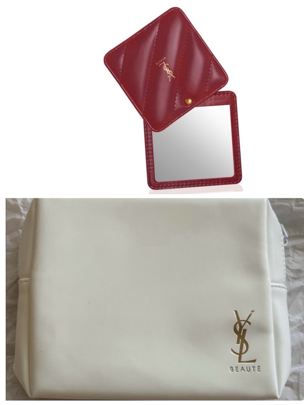Yves Saint Laurent Cream Toiletry Pouch with Gold Logo with YSL mirror